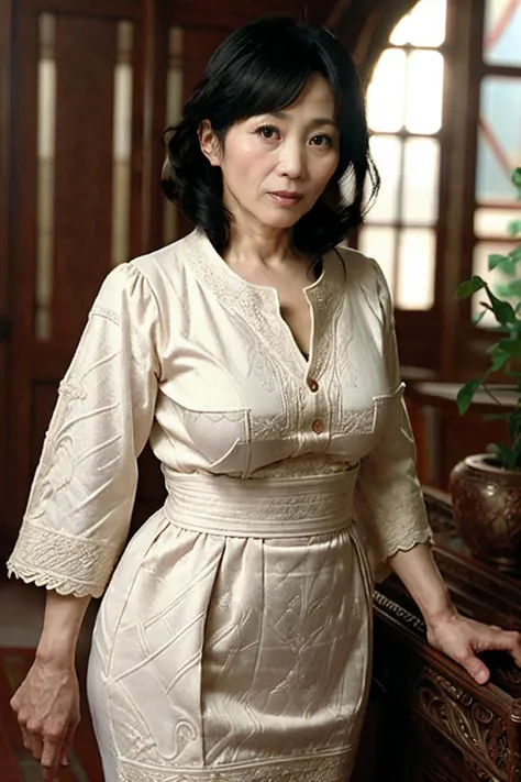 arafed woman in a white dress standing next to a wooden table