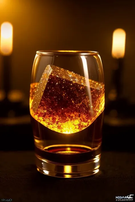 a close up of a glass of liquid with a cube of ice