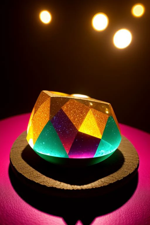 an concept art of alchemic element - Fluorite: A multicolored gemstone with a range of vibrant hues, often found in purple, green, and blue. The subject stands proudly as the center of attention, bathed in the tender glow. The light plays with shadows, cre...