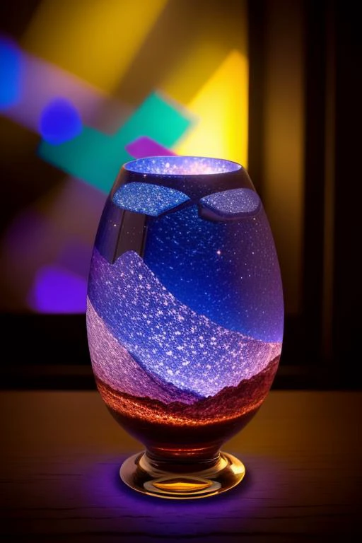 a close up of a glass vase with a blue and purple liquid inside