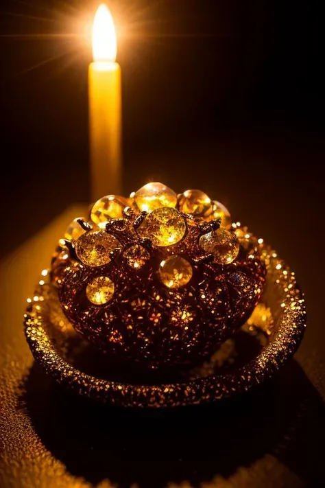 a close up of a lit candle on a plate with a black background