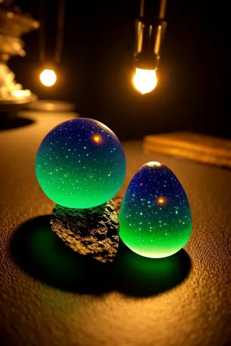 two glass spheres sitting on top of a table next to a light bulb