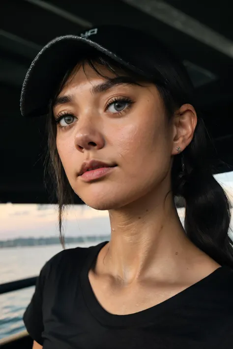 RAW, real photo portrait, loganStan1 , on a boat, (wearing a wet black t-shirt), pretty face, insanely detailed eyes, light blonde hair, high ponytail, bokeh, natural light, depth of field, golden hour, sharp focus