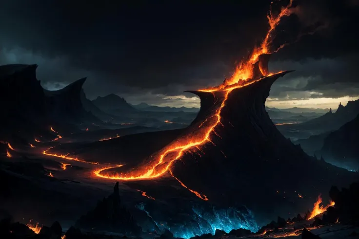 a demon castle on a high mountain cliff,shell element,crazy curve,((the verdant mountains)),((lava, underworld theme)), dark sky, flame on sky