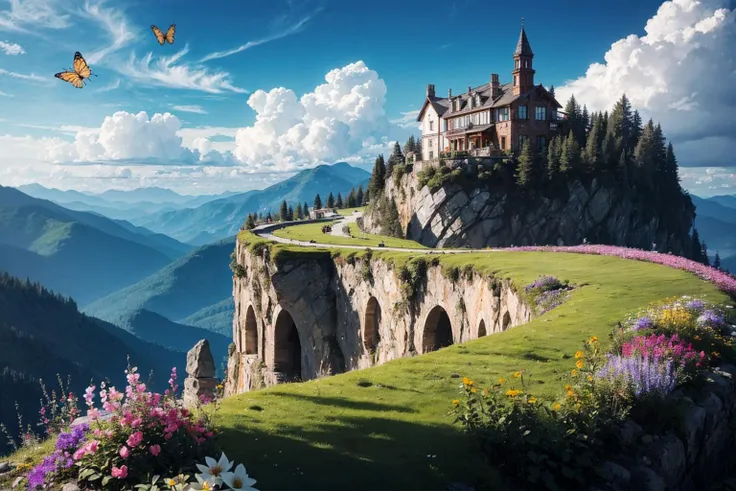 a villa on a high mountain cliff,shell element,crazy curve,((the verdant mountains)),((fresh flower)),butterfly fluttering,blue sky,white cloud,the sun is shining brightly,
