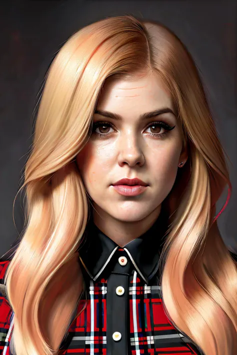 portrait photo of islaFis1 ,(red and black checkered shirt), (dirty blonde hair), alluring portrait, intricate, highly detailed, digital painting, artstation, concept art, naughty, sharp focus, cinematic lighting, illustration, art by artgerm and greg rutk...