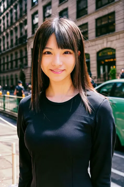 A full color portrait of a  20 year old cute japanese woman,wearing black dress, Familiar Flatiron Building, NYC, masses of tourists, HDR Foto, epic character composition,by ilya kuvshinov, alessio albi, nina masic,sharp focus, subsurface scattering, f2, 3...