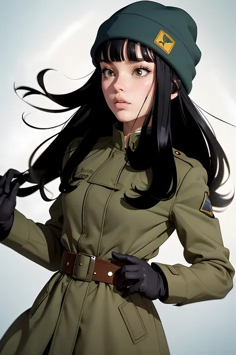 a close up of a woman in a uniform holding a gun