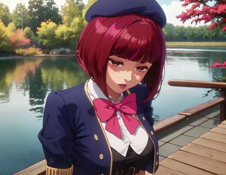 anime girl with red hair and blue hat standing on a dock