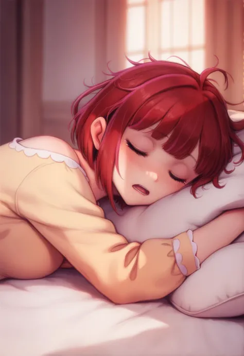 anime girl with red hair laying on bed with pillow