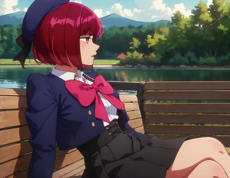 anime girl sitting on a bench looking out over a lake