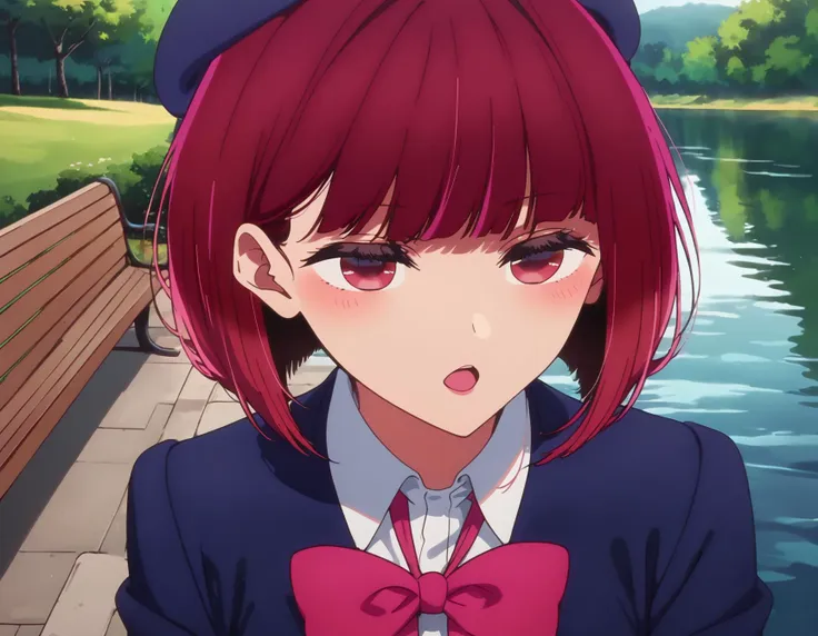 anime girl with red hair and a bow tie standing in front of a lake