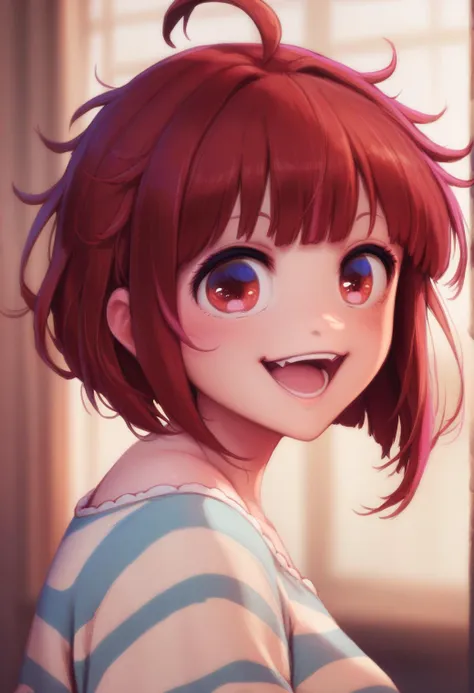 a close up of a cartoon girl with red hair and blue eyes