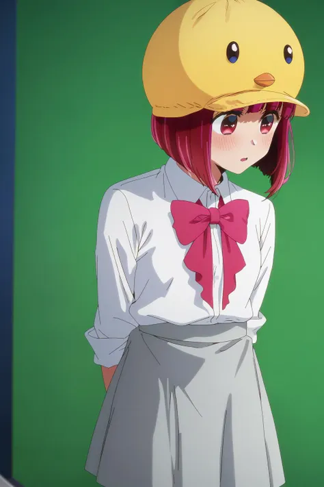 anime girl with pink hair wearing a yellow hat and white shirt