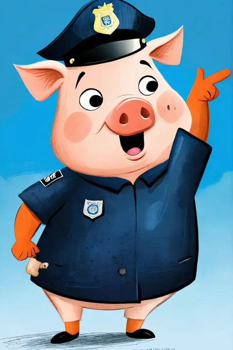 Childrens picture books,a pig dressed as police,pointing a ,look angry but also goofy,comic drawing,vector art,frank miller inspired,