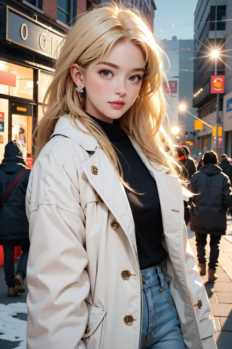 blonde woman in a trench coat standing on a city street