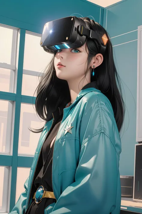 a woman wearing a blue jacket and a pair of virtual glasses