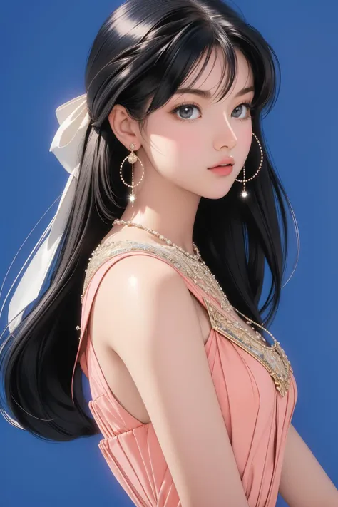 a woman with long black hair wearing a pink dress and earrings