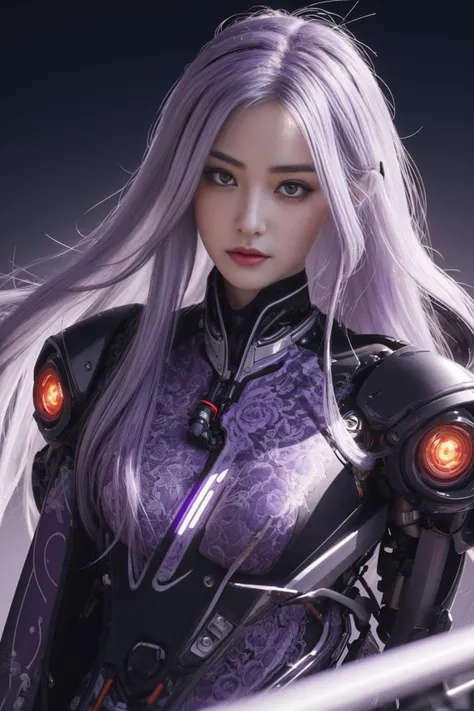 <dhevv:f-style:f1>,masterpiece, best quality, illustration, beautiful detailed eyes, colorful background, mechanical prosthesis,  emerging dark purple across with white hair, disheveled hair, fluorescent purple, cool movement, rose red eyes, beatiful detai...