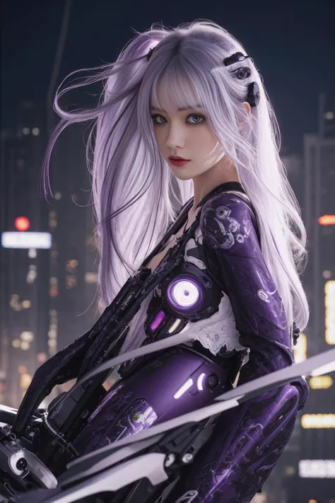 <dhevv:f-style:f1>,masterpiece, best quality, illustration, beautiful detailed eyes, colorful background, mechanical prosthesis,  emerging dark purple across with white hair, disheveled hair, fluorescent purple, cool movement, rose red eyes, beatiful detai...