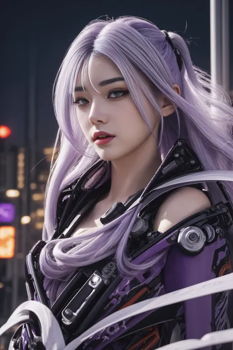 <dhevv:f-style:f1>,masterpiece, best quality, illustration, beautiful detailed eyes, colorful background, mechanical prosthesis,  emerging dark purple across with white hair, disheveled hair, fluorescent purple, cool movement, rose red eyes, beatiful detai...