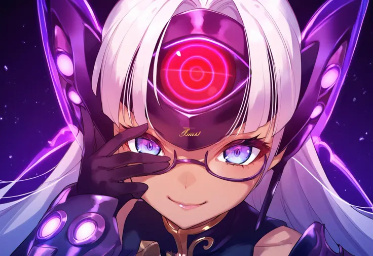 a close up of a person with glasses and a purple eye