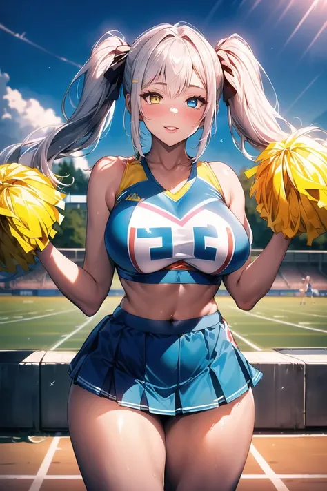 ((day:1.5)),outdoors, ((extremely detailed background)), track and field, sunlight, blue sky, 
standing, facing viewer, cowboy shot, 
white hair, very long hair, long twintails, (left blue eyes 1.2), (right yellow eyes:1.2), heterochromia, bangs, hair clip...