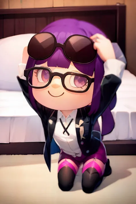 masterpiece, best quality,chibi,1girl,Kafka, purple eyes, jacket, glasses on head,looking at viewer, seiza, arms behind head, bed ,kneeling, smile,
  <lora:Kafka:0.8>, <lora:ach02-000010:1>