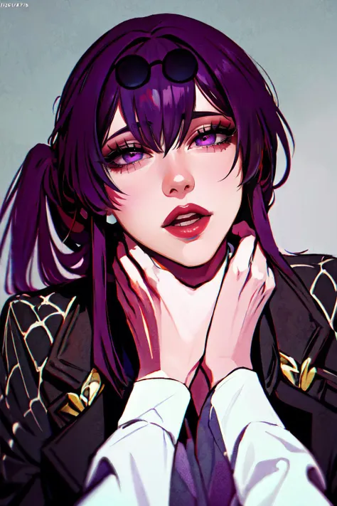 Highly detailed, High Quality, Masterpiece, beautiful, Kafka, purple eyes, jacket, <lora:Kafka:1>, 1girl, solo, mature female, purple eyes, (strangling, asphyxiation)