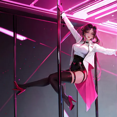 Highly detailed, High Quality, Masterpiece, beautiful, Kafka,  <lora:Kafka:1>, 1girl, solo, jacket, pole dancing, high heels, pole dancing, thighhighs