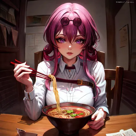 anime girl with pink hair eating noodles in a bowl