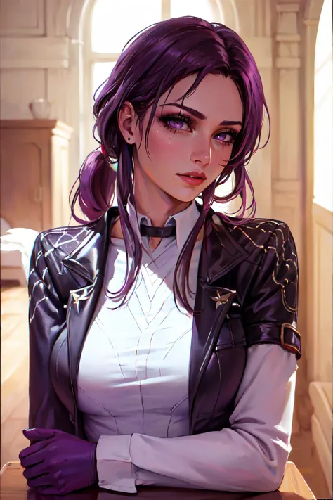 a close up of a woman with purple hair and a leather jacket