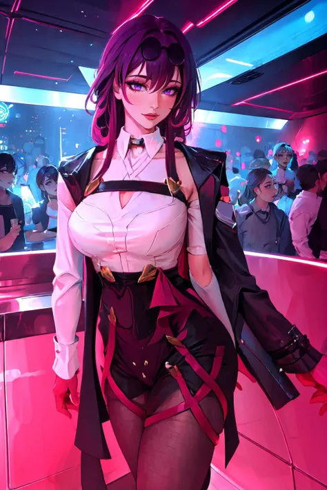 a close up of a woman in a corset outfit standing in front of a bar