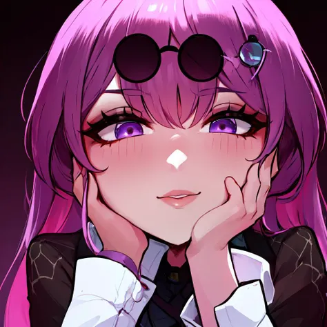 anime girl with purple hair and sunglasses posing for a picture