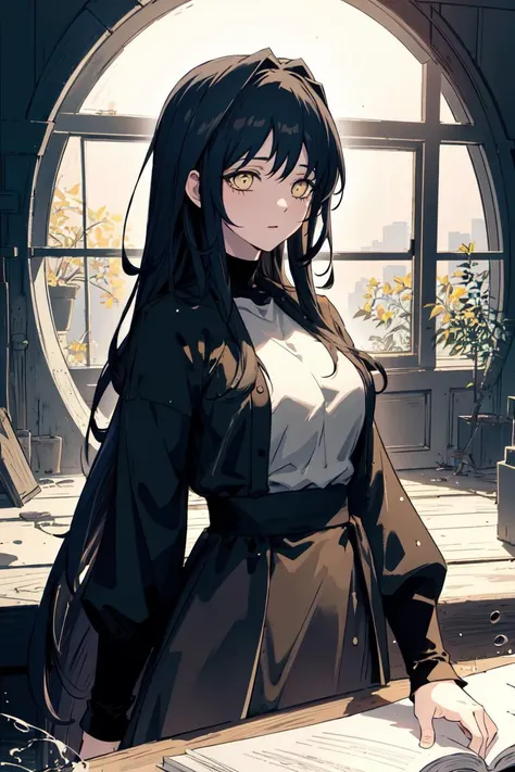 anime girl with long black hair standing in front of a window