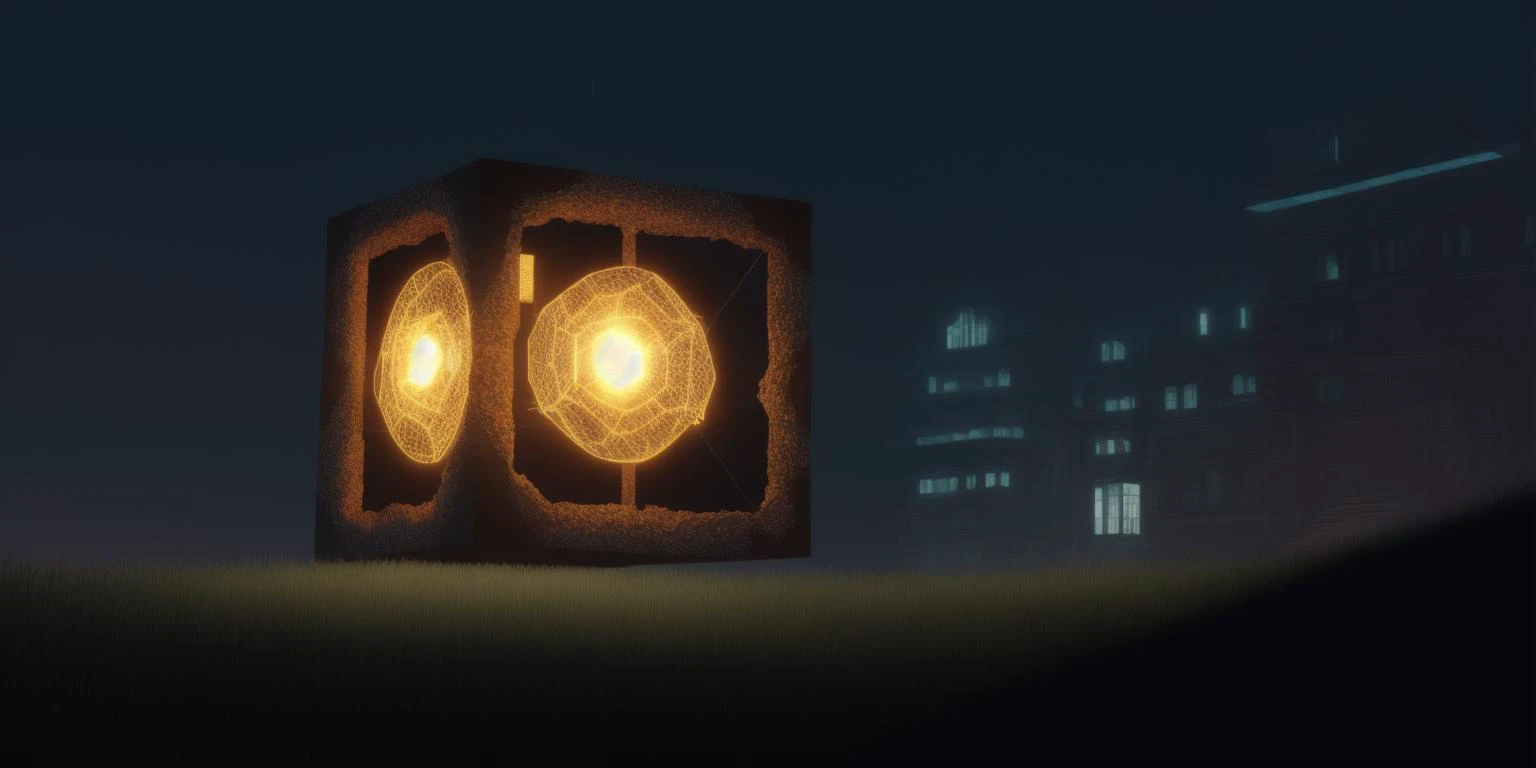 <lora:15Cube:1>levitating cube scenario: a light shines on a building in the dark