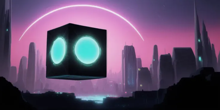 <lora:15Cube:1>levitating cube scenario: a sci - fi scene of a futuristic city at night