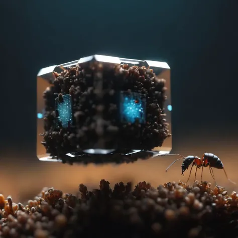 a photo of <lora:Levitating Cube:1>Levitating Cube microscopic, tiny, small, above an ant colony, cinematic, beautiful lighting