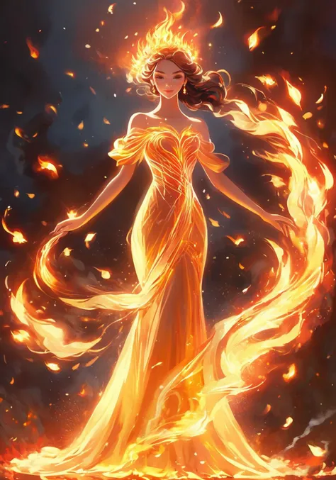 (Masterpiece, high quality, best quality, official art, beauty and aesthetics:1.2),<lora:xl-shanbailing-1003fire-000010:0.8>,(1girl:1.3),(fire element:1.1),composed of fire elements,a girl wrapped in flames soaring flames radiating sparks,formal_dress,wedd...