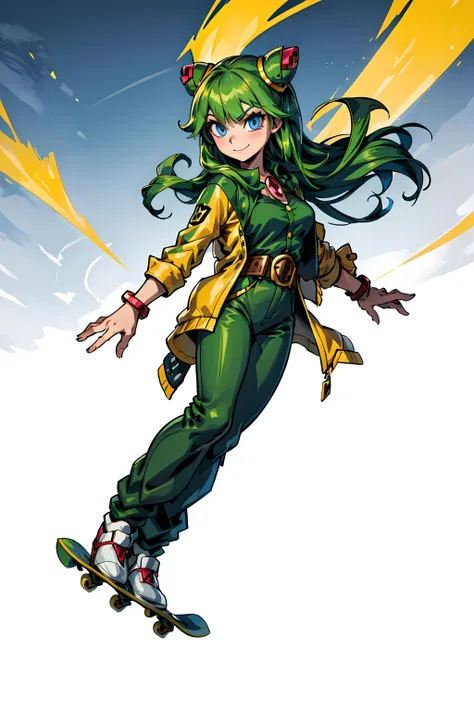 (((sfw))),  <lora:cosmo:1>, 1girl, sthcosmo, seedrian, blue eyes, cone hair bun, green hair, long hair, smile, futuristic background, green pants,, green shirt, yellow jacket, open jacket, gold bracelets, gold kneepads, (((Skateboarding on floating board))...