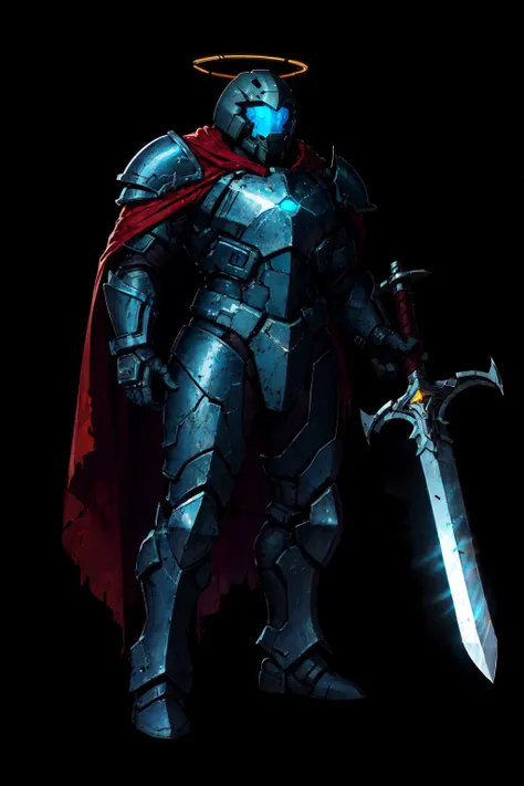 futuristic paladin, heavy power armor, holding big sword, glowing weapon, red cape, science fiction, glowing halo, full body <lo...