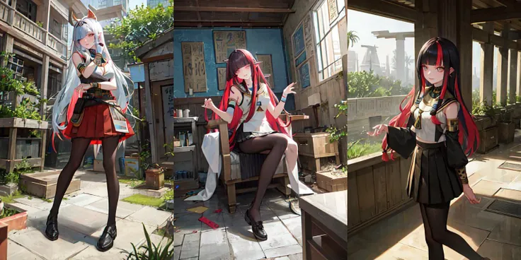 anime characters dressed in costumes sitting on a bench in a courtyard