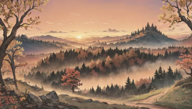 ((masterpiece:1.4,best quality)), cloud, outdoors, forest, (mountains), autumn glade, scenery, sky,
(sunset:1.4), sunbeam, high detail, abundant, 8k, green,tree, high detail, wallpaper,
<lora:PAseer的板绘与留白V1:0.8>
