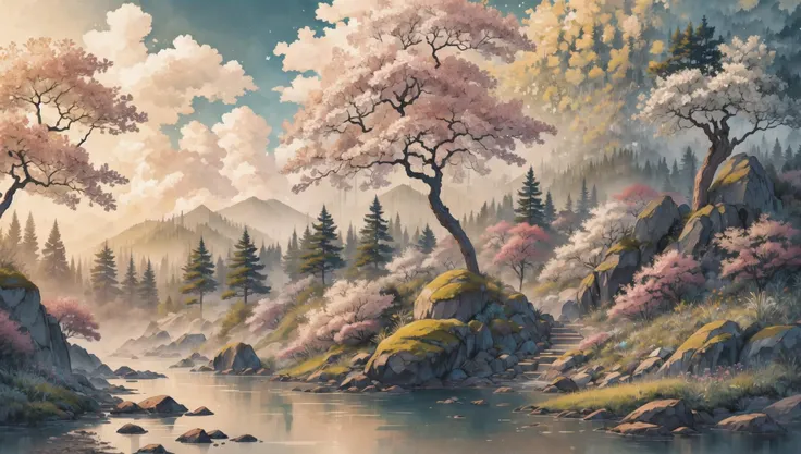 ((masterpiece:1.4,best quality)), cloud, outdoors, forest, spring glade, scenery, sky,
sunbeam, high detail, abundant, 8k, green,tree, high detail, wallpaper,
<lora:ink-0.1-3-b28-bf16-D128-A1-1-ep64-768-DAdaptation-cosine:0.8>, water, ink