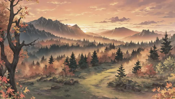 ((masterpiece:1.4,best quality)), cloud, outdoors, forest, (mountains), autumn glade, scenery, sky,
(sunset:1.4), sunbeam, high detail, abundant, 8k, green,tree, high detail, wallpaper,
<lora:PAseer的板绘与留白V1:0.8>