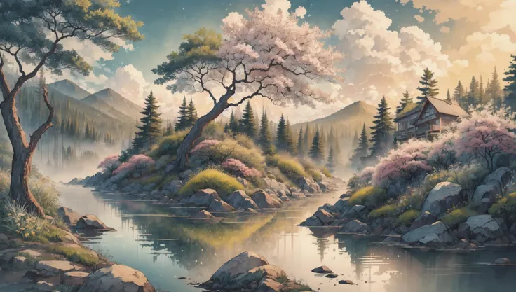 ((masterpiece:1.4,best quality)), cloud, outdoors, forest, spring glade, scenery, sky,
sunbeam, high detail, abundant, 8k, green,tree, high detail, wallpaper,
<lora:ink-0.1-3-b28-bf16-D128-A1-1-ep64-768-DAdaptation-cosine:0.8>, water, ink