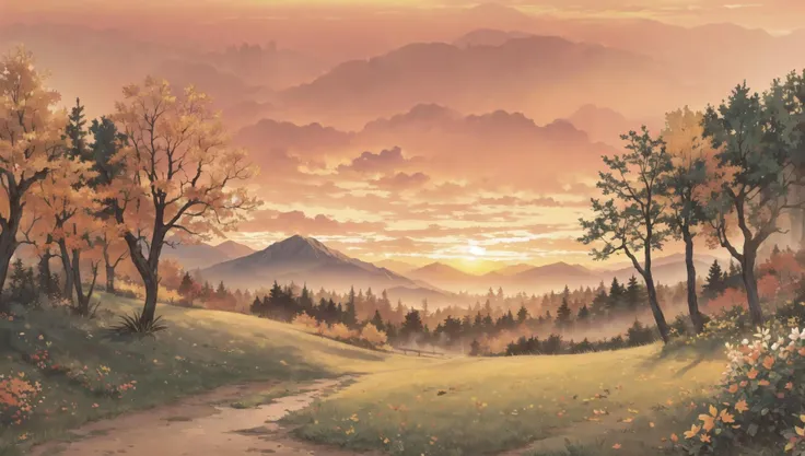 ((masterpiece:1.4,best quality)), cloud, outdoors, forest, (mountains), autumn glade, scenery, sky,
(sunset:1.4), sunbeam, high detail, abundant, 8k, green,tree, high detail, wallpaper,
<lora:PAseer的板绘与留白V1:0.8>