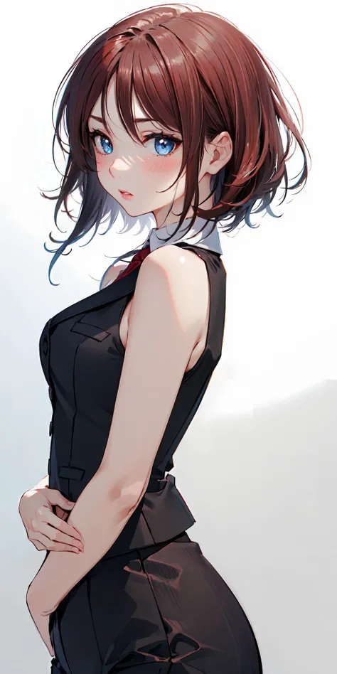 anime girl with brown hair and blue eyes in black dress