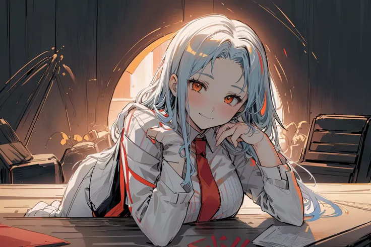 anime girl laying on a table with her hand on her chin