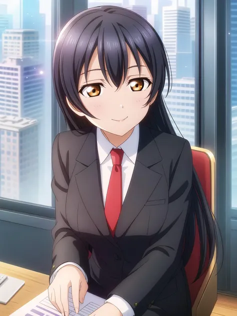 anime girl in business suit sitting at desk with laptop